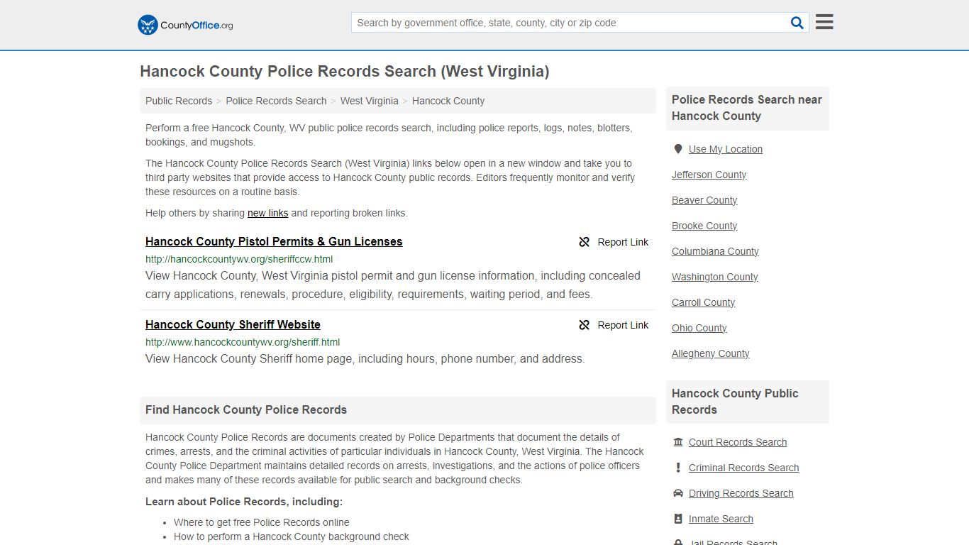 Police Records Search - Hancock County, WV (Accidents & Arrest Records)